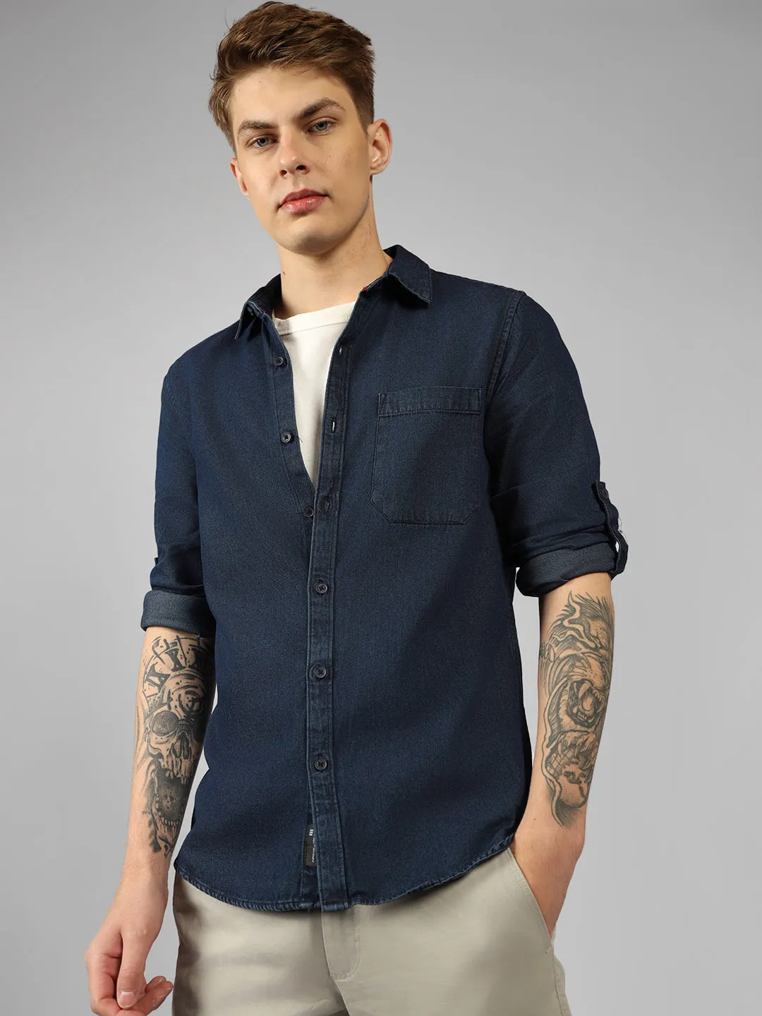 Men's Regular Collar Regular Fit Washed Indigo Denim Shirt