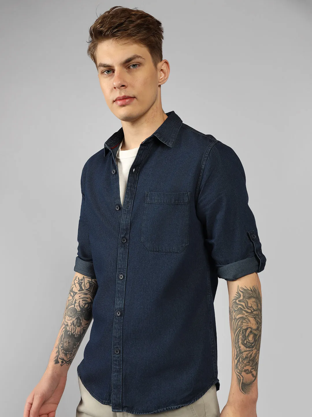 Men's Regular Collar Regular Fit Washed Indigo Denim Shirt