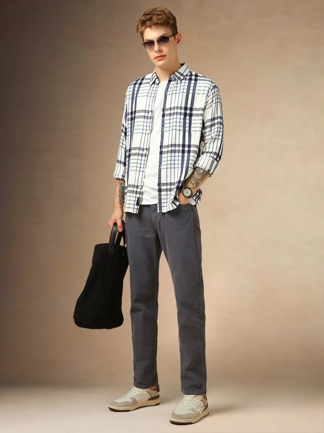 Men's White Checks Spread Collar Full Sleeves Shirt