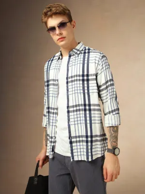 Men's White Checks Spread Collar Full Sleeves Shirt