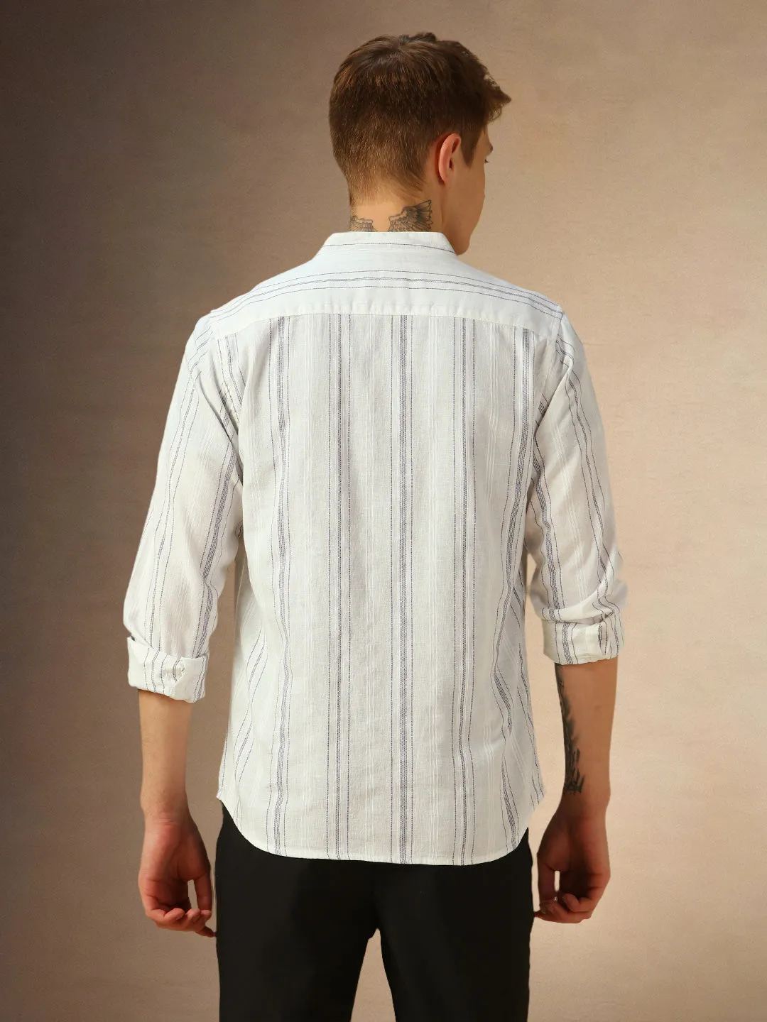 Men's White Striped Mandarin Collar Full Sleeves Shirt