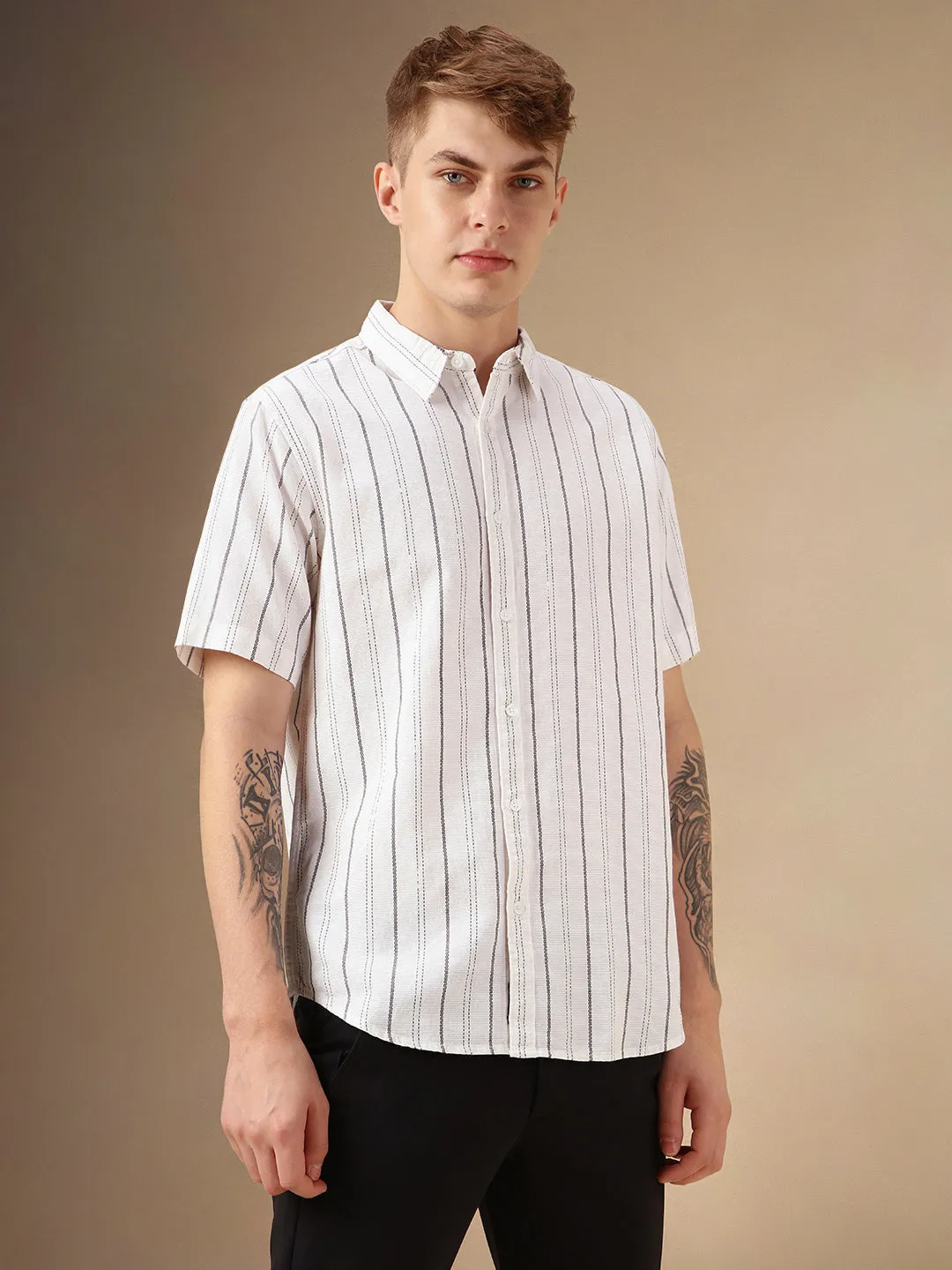 Men's White Striped Spread Collar Half Sleeves Casual Shirt