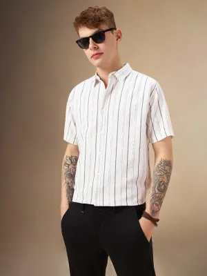 Men's White Striped Spread Collar Half Sleeves Casual Shirt