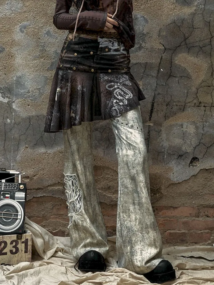 Metallic Rose Print Flare Pants