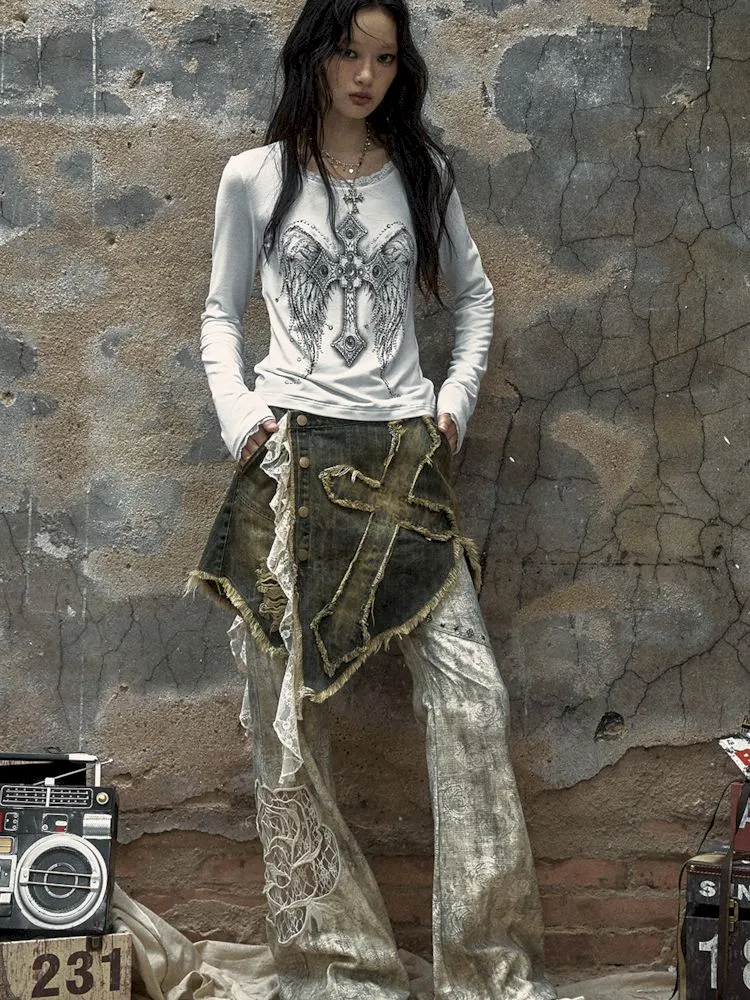 Metallic Rose Print Flare Pants