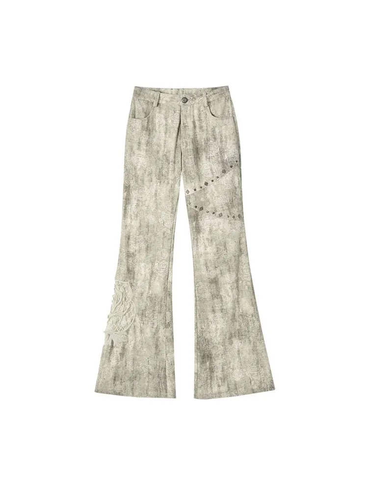 Metallic Rose Print Flare Pants