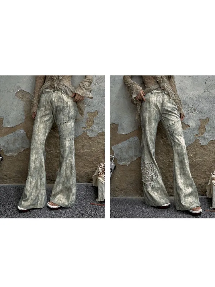 Metallic Rose Print Flare Pants