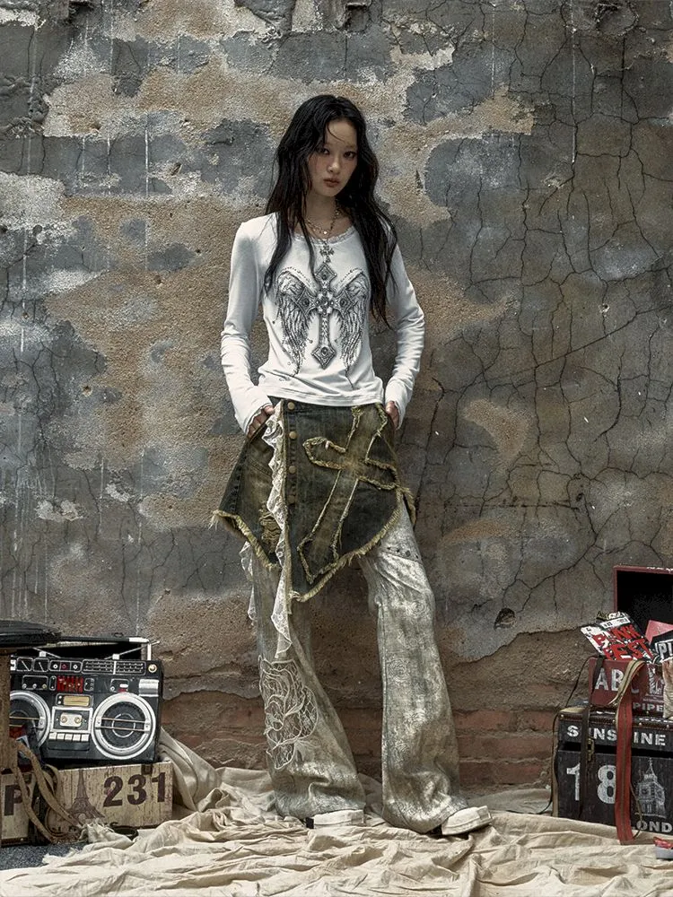 Metallic Rose Print Flare Pants