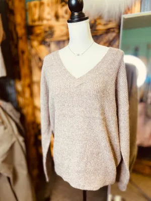 Mocha Classic V Neck Soft Ribbed Knit Sweater