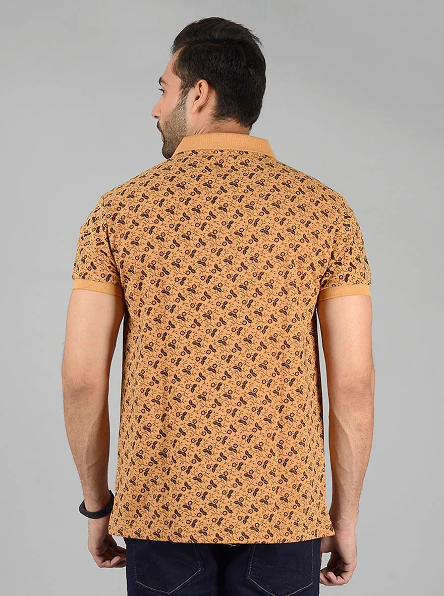 Mustard Yellow Printed Slim Fit Polo T-Shirt | Greenfibre