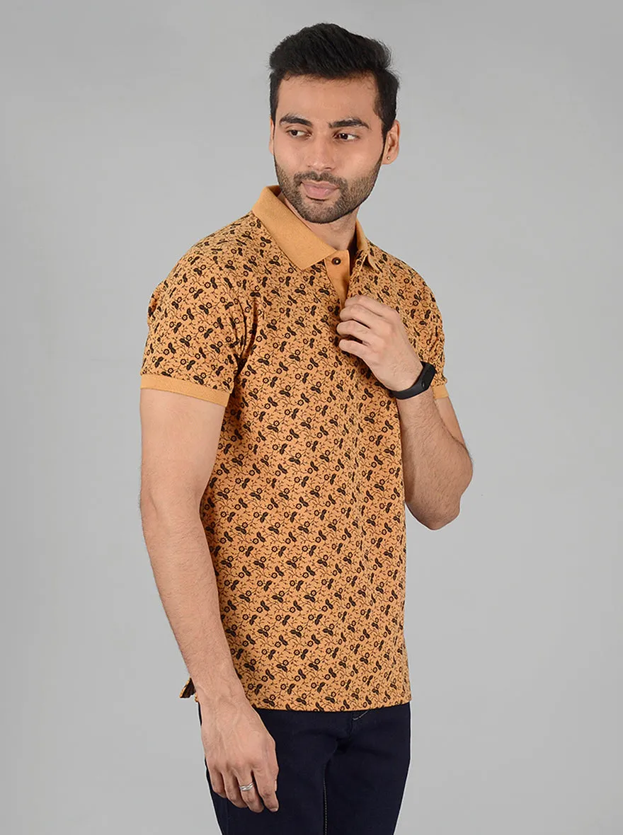 Mustard Yellow Printed Slim Fit Polo T-Shirt | Greenfibre