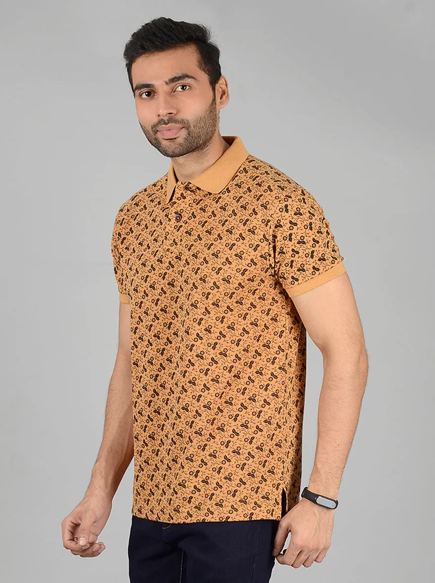 Mustard Yellow Printed Slim Fit Polo T-Shirt | Greenfibre