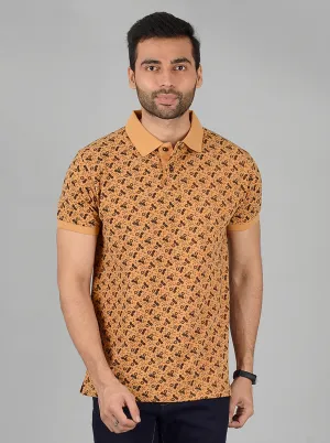 Mustard Yellow Printed Slim Fit Polo T-Shirt | Greenfibre