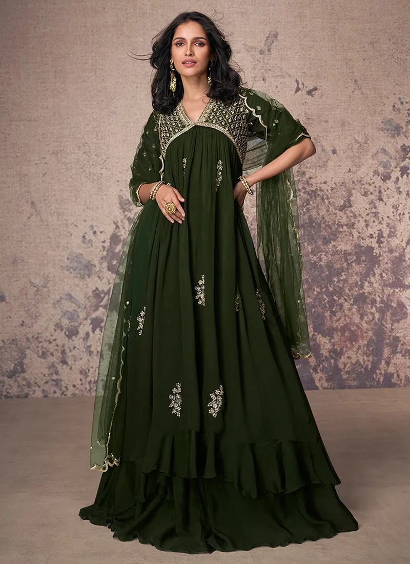 Olive Green Embroidered Chinnon Anarkali Gown