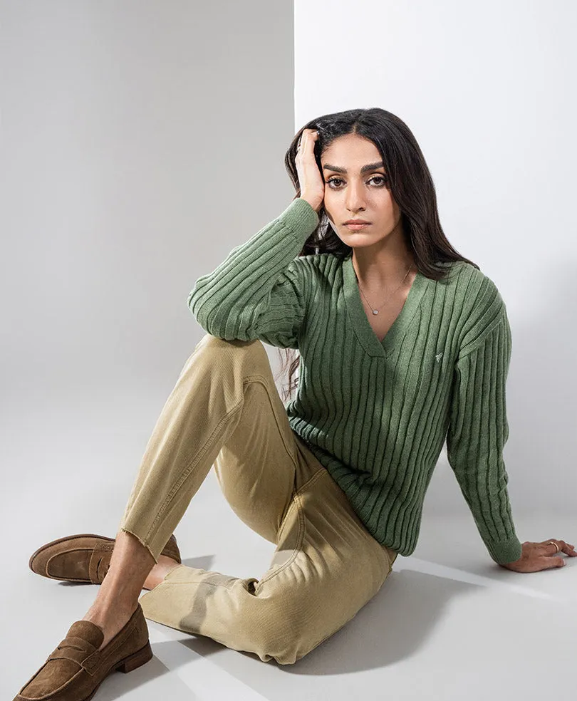 Olive V-Neck Sweater (Women)