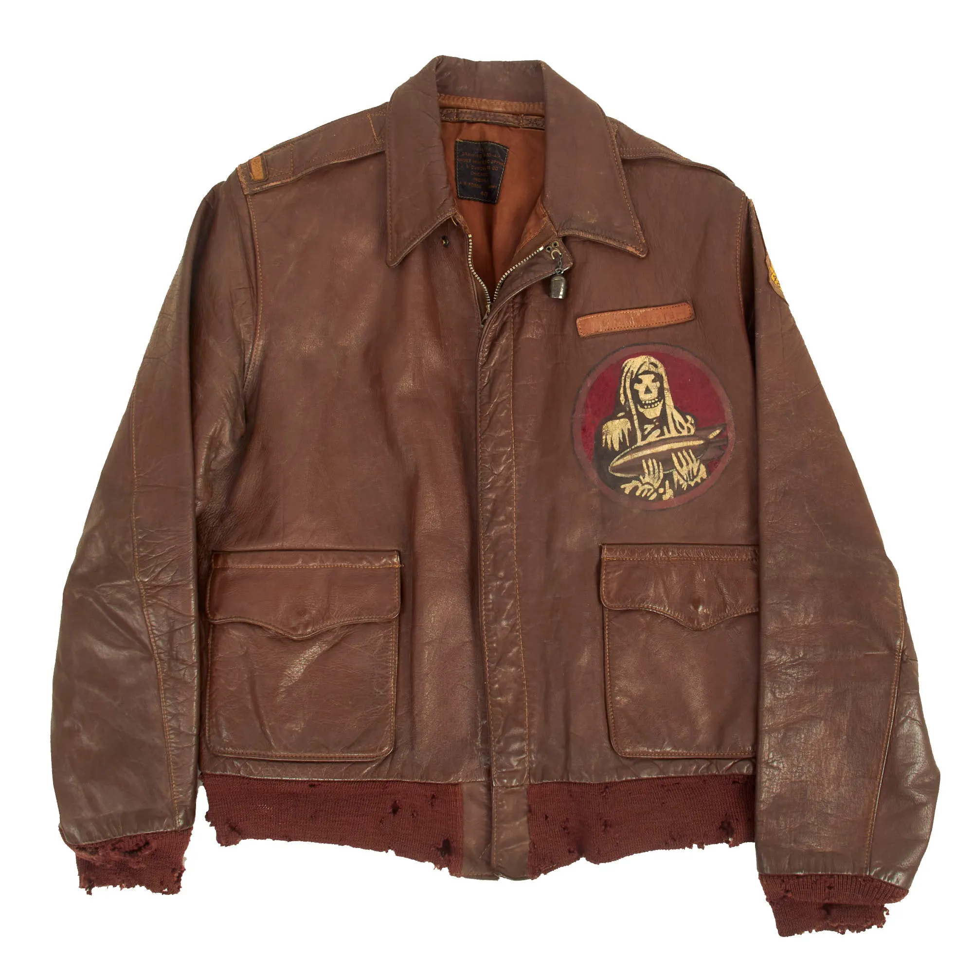 Original U.S. WWII Named Co-Pilot Painted A-2 Leather Flight Jacket - 828th Bomb Squadron - Co-Pilot Lt. William Roberts