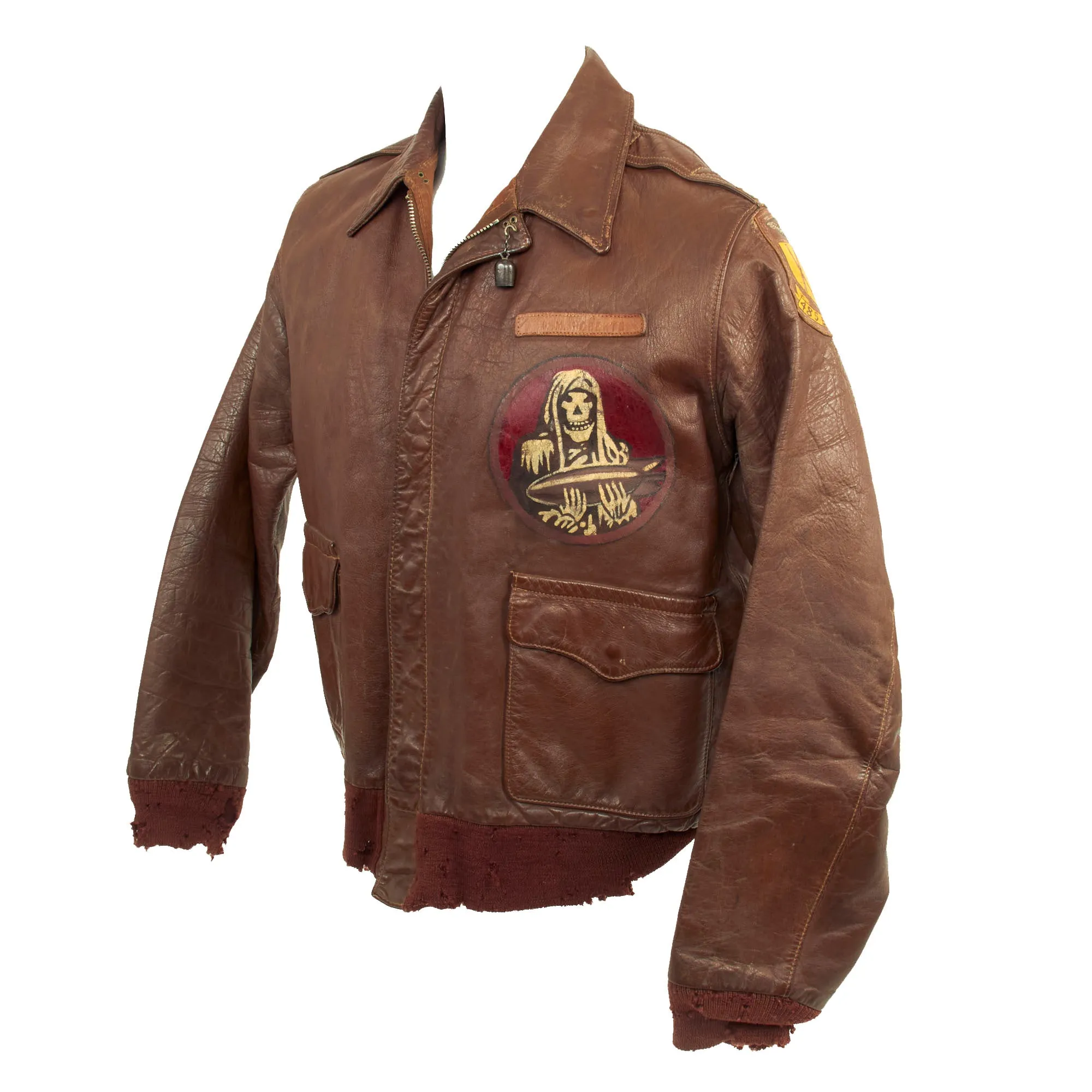 Original U.S. WWII Named Co-Pilot Painted A-2 Leather Flight Jacket - 828th Bomb Squadron - Co-Pilot Lt. William Roberts