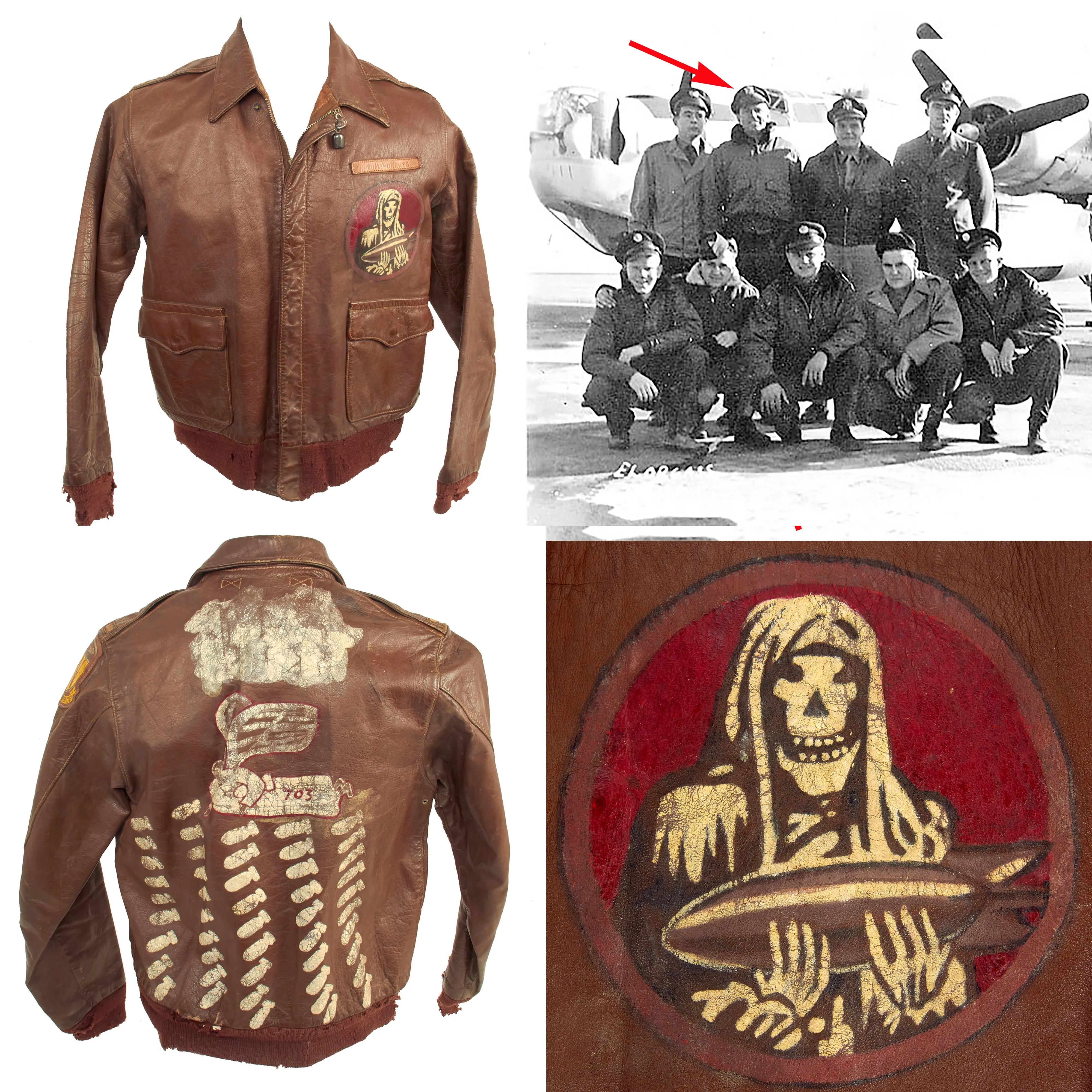 Original U.S. WWII Named Co-Pilot Painted A-2 Leather Flight Jacket - 828th Bomb Squadron - Co-Pilot Lt. William Roberts