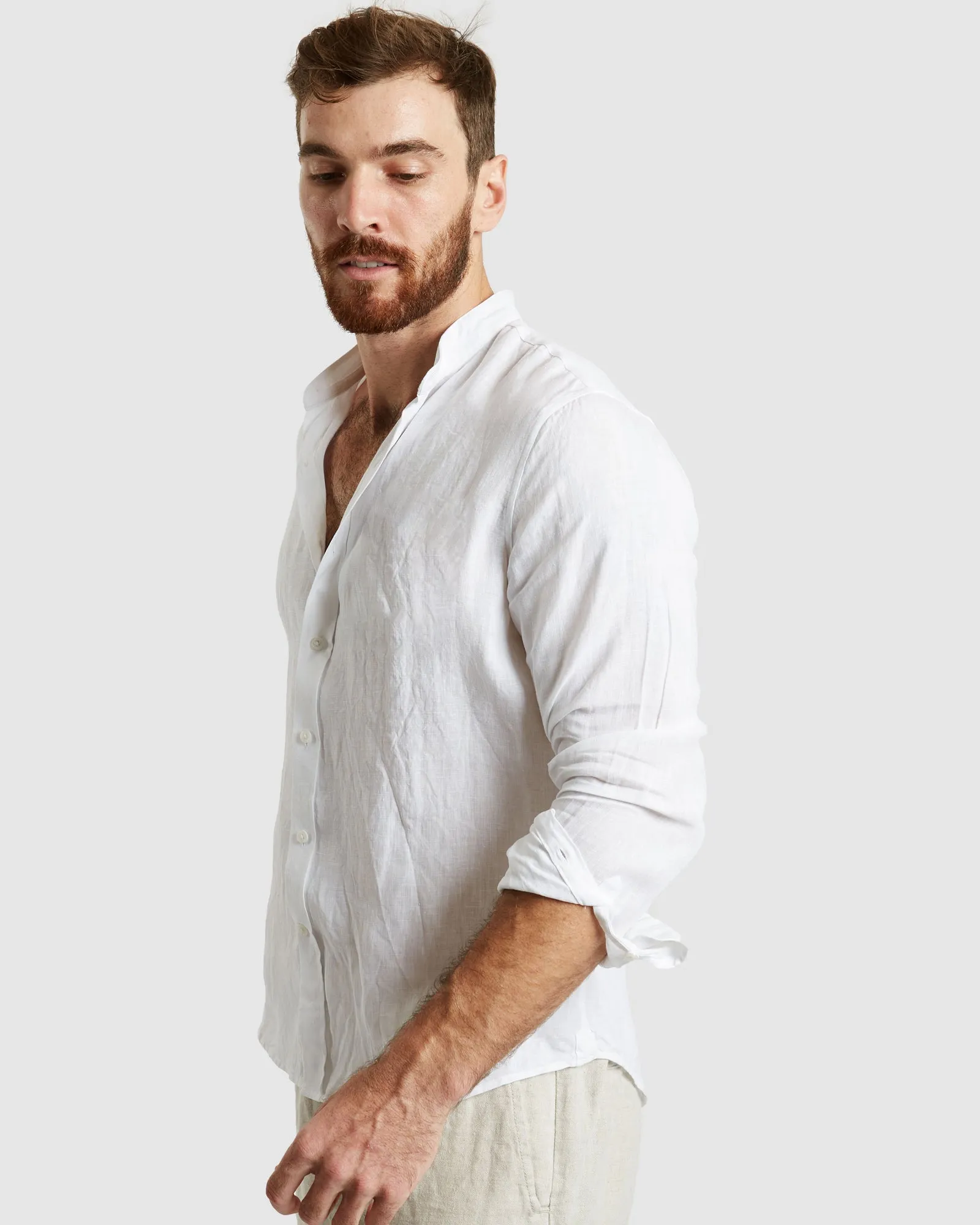 Palma-Casual White Mandarin Collar Linen Shirt