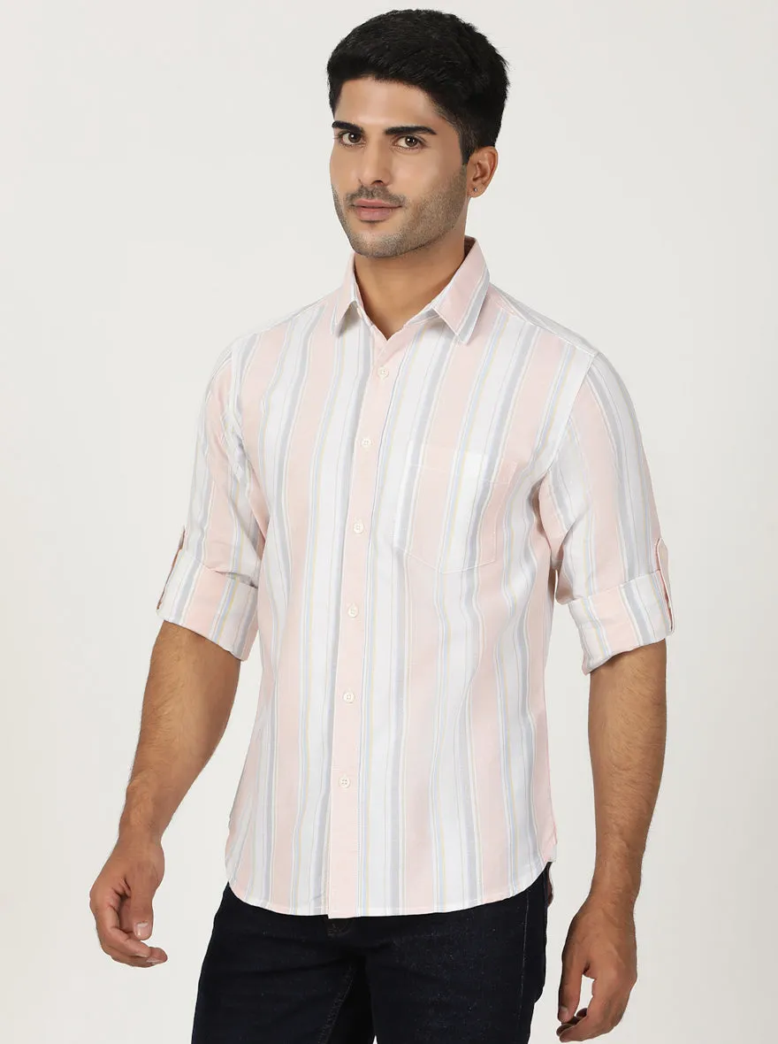 Peach Striped Slim Fit Casual Shirt | Greenfibre