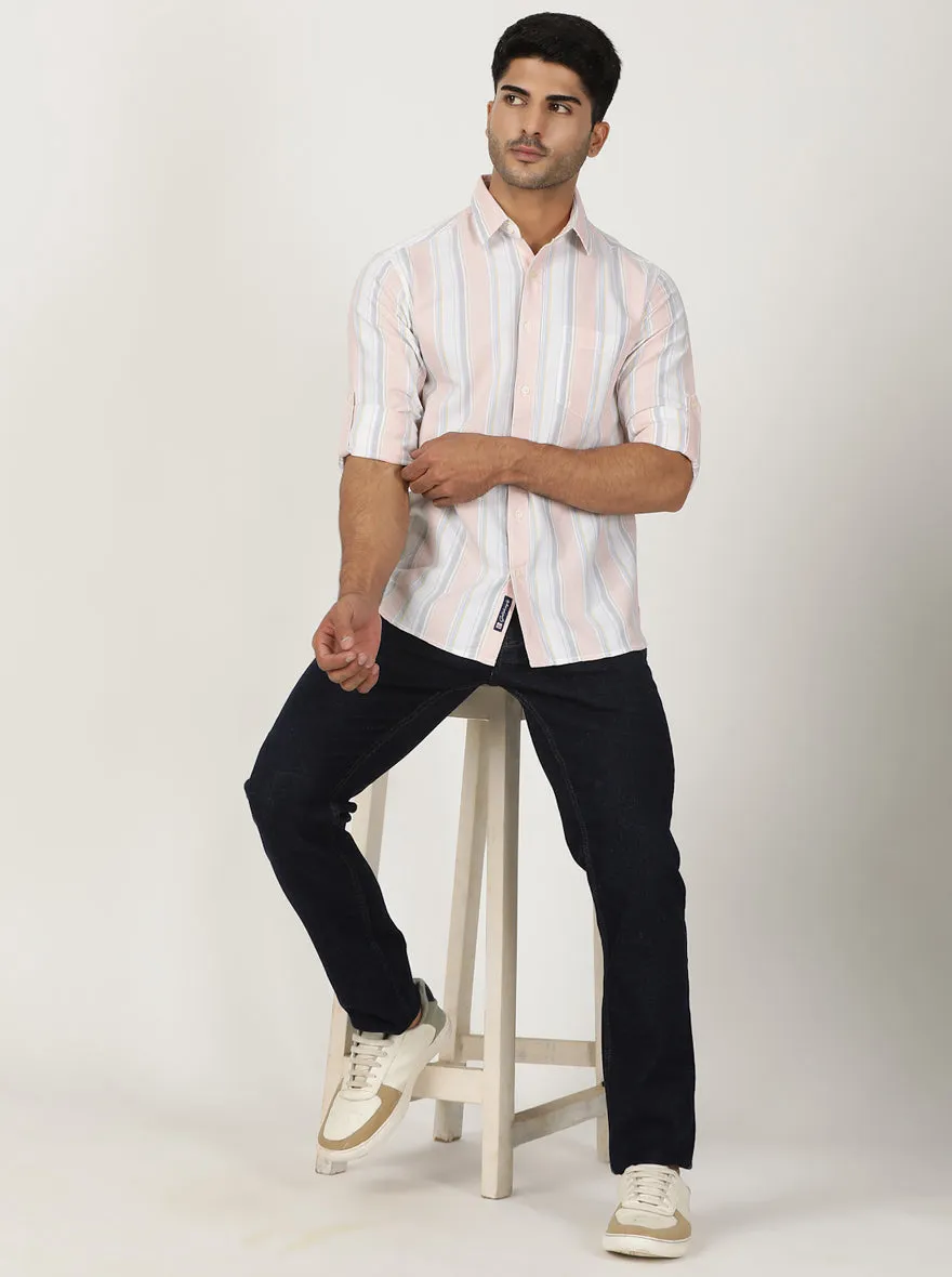 Peach Striped Slim Fit Casual Shirt | Greenfibre