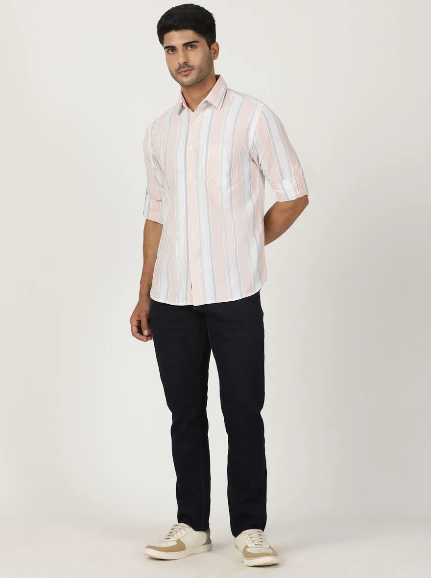 Peach Striped Slim Fit Casual Shirt | Greenfibre