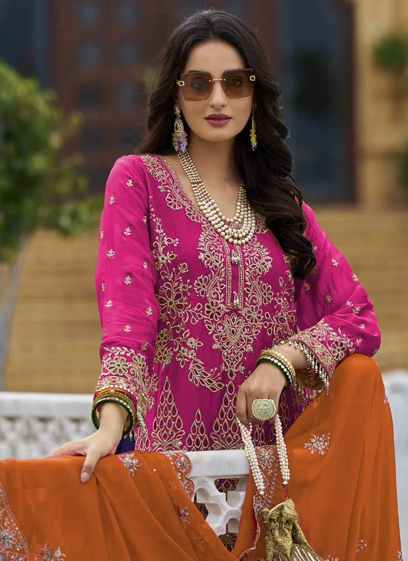 Pink And Purple Traditional Embroidery Sharara Style Suit