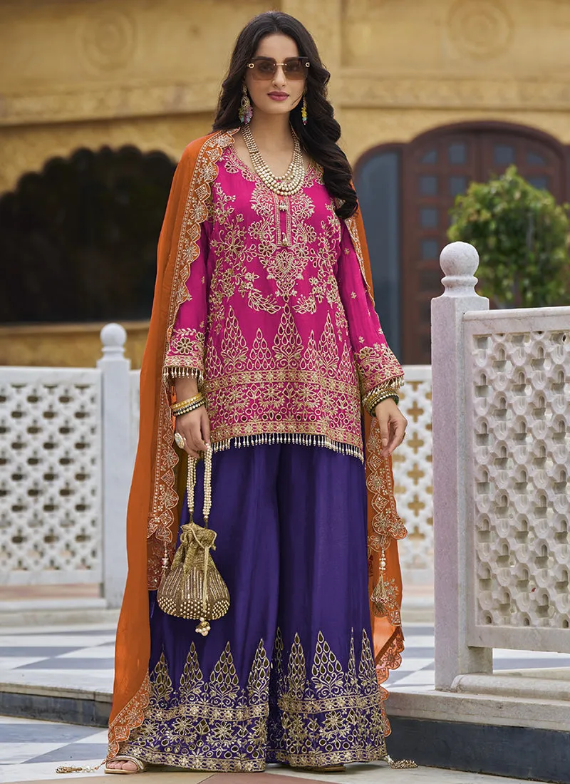 Pink And Purple Traditional Embroidery Sharara Style Suit