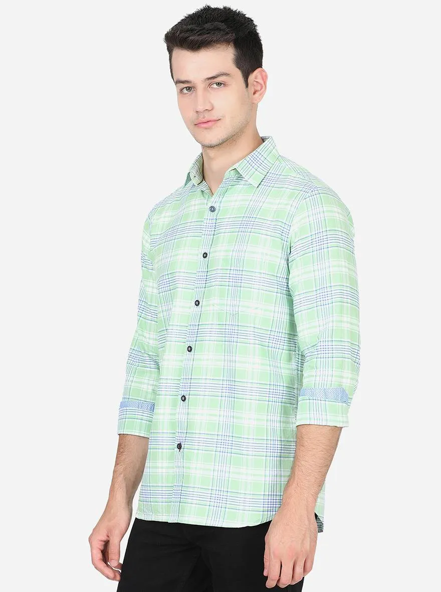 Sap Green Checked Slim Fit Semi Casual Shirt | JadeBlue