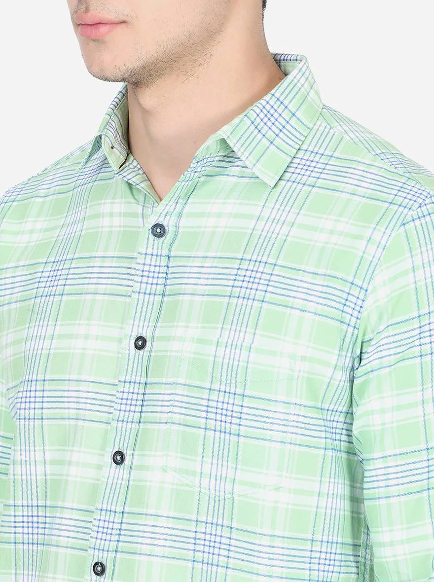 Sap Green Checked Slim Fit Semi Casual Shirt | JadeBlue