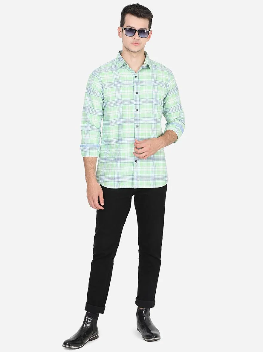 Sap Green Checked Slim Fit Semi Casual Shirt | JadeBlue