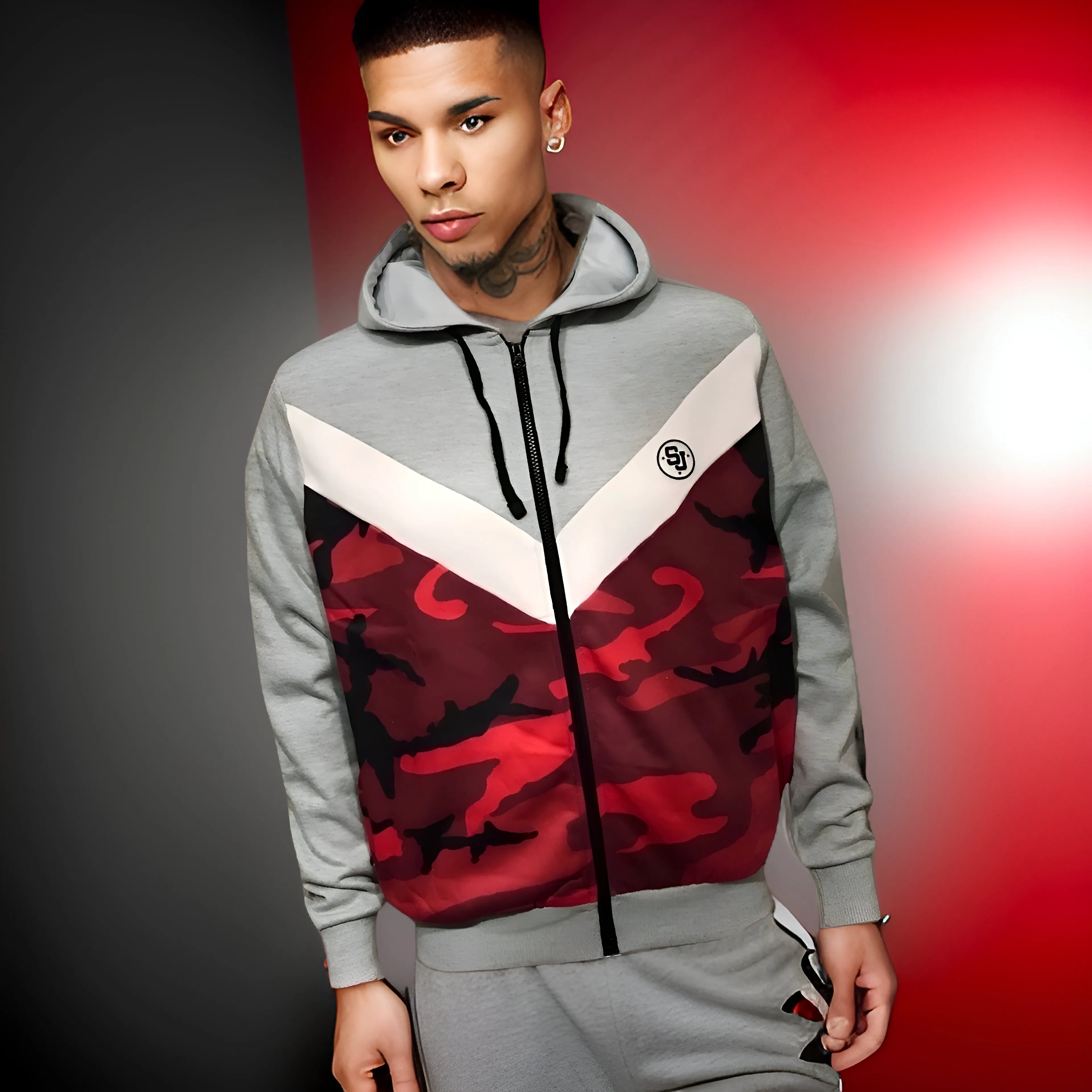 ^SEAN JOHN^ (RED-CAMO-GREY) POLYESTER HOODED ZIP UP TRACK JACKETS