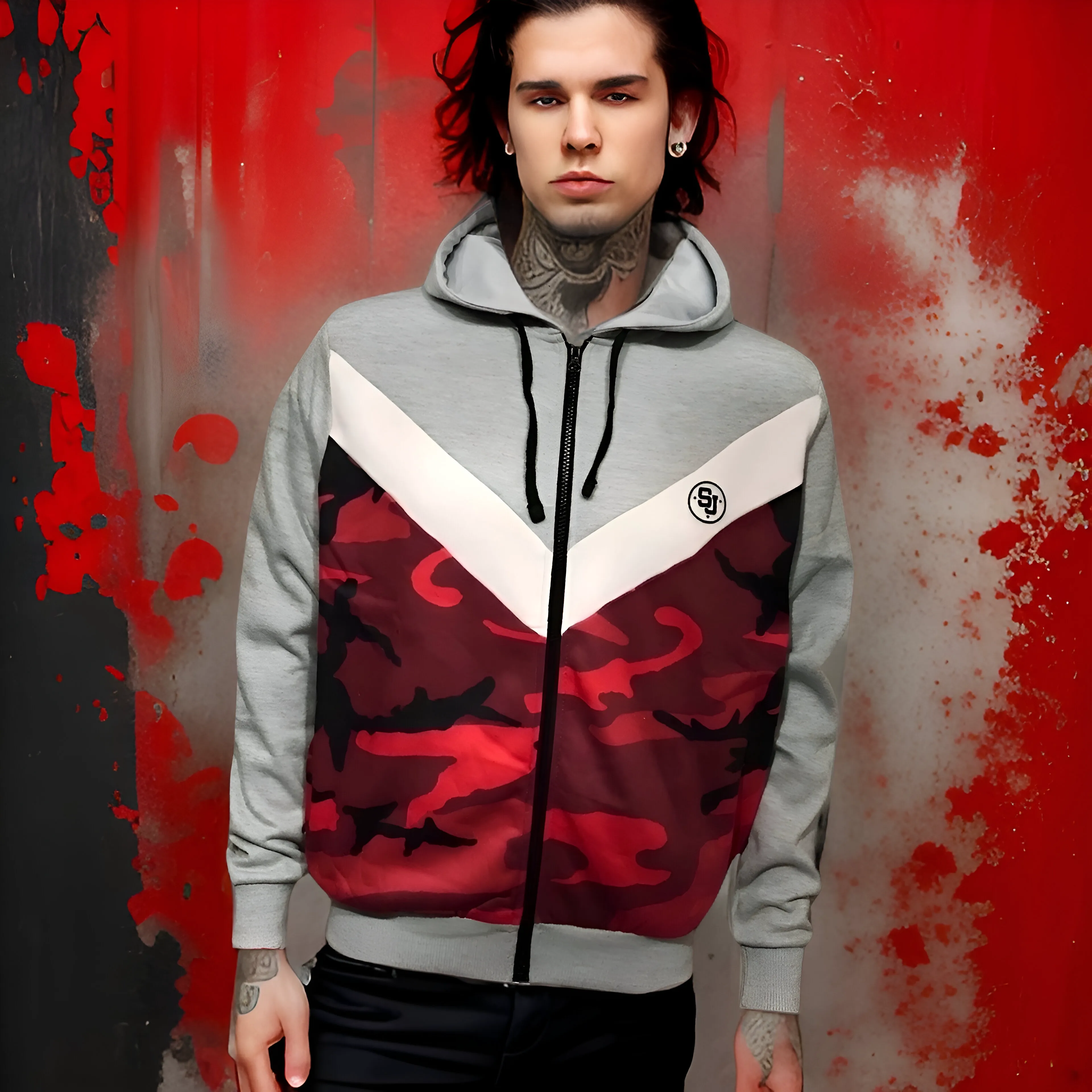 ^SEAN JOHN^ (RED-CAMO-GREY) POLYESTER HOODED ZIP UP TRACK JACKETS