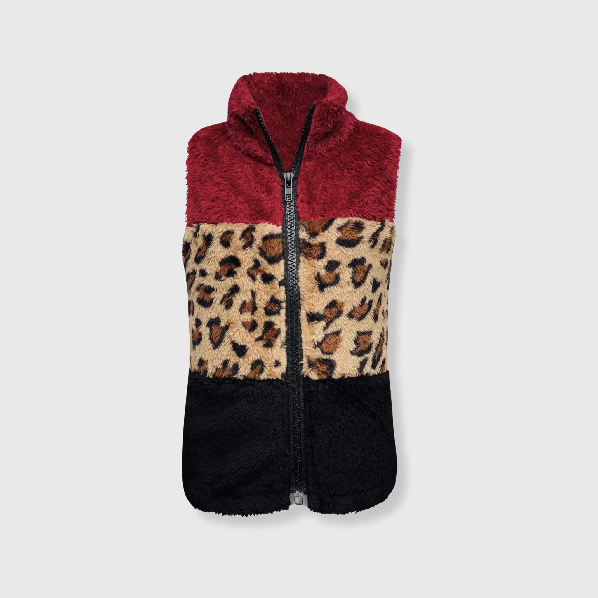 Sherpa Color Block Cheetah Burgundy Vest Kids