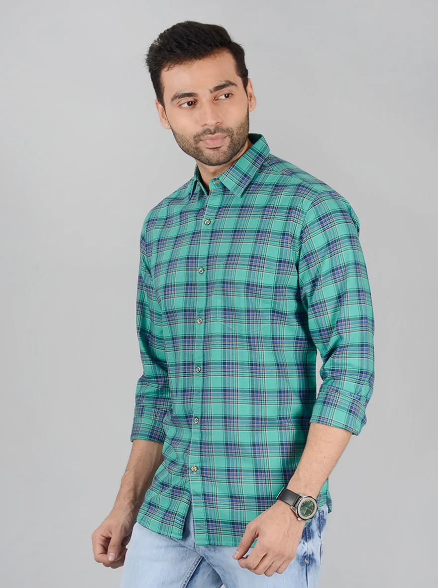 Spectra Green Checked Slim Fit Casual Shirt | JadeBlue