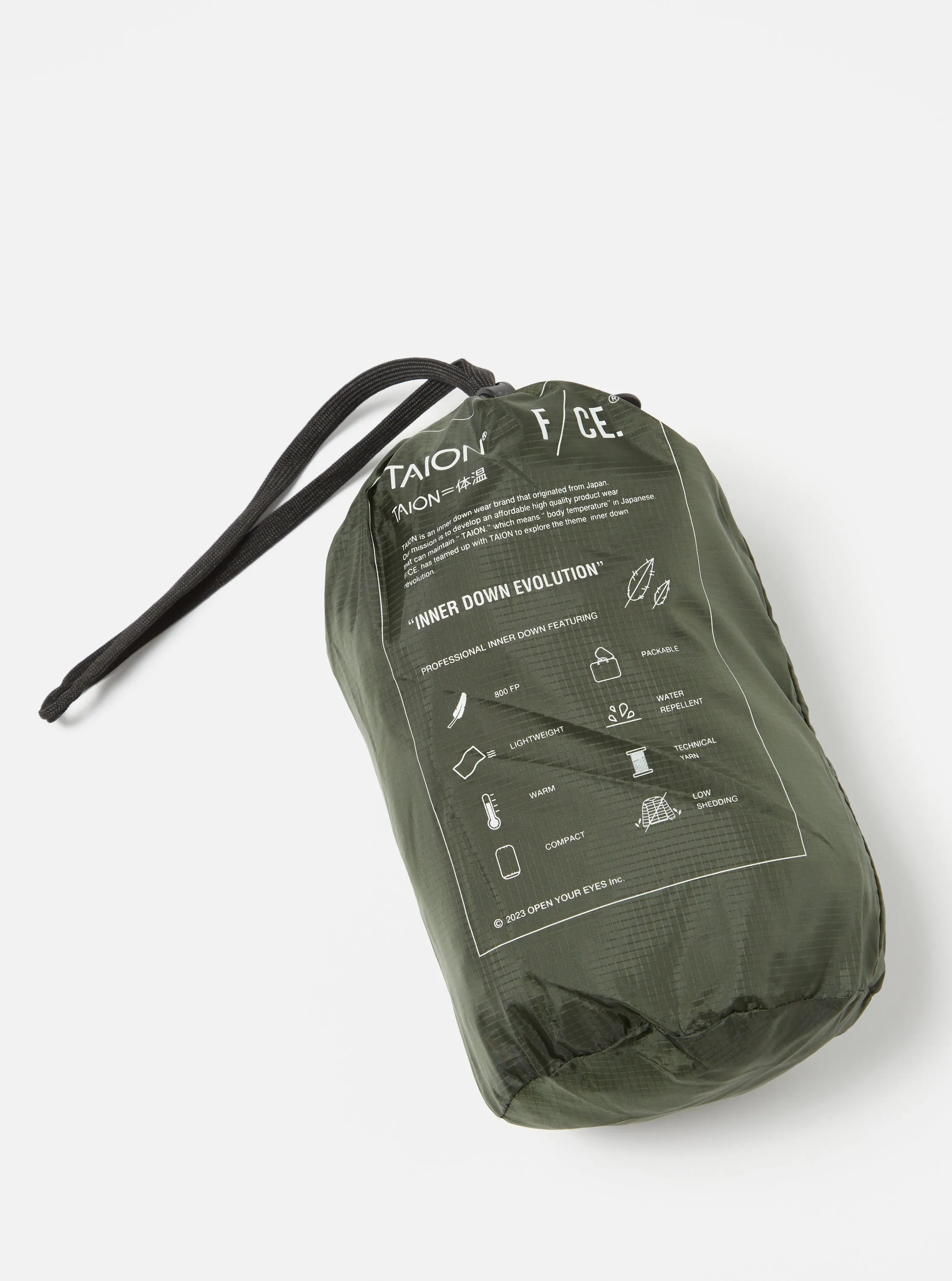 Taion by F/CE. Packable Down Vest in Olive Nylon Ripstop/Duck Down