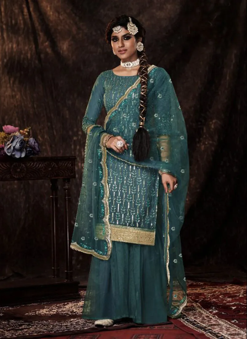 Turquoise Sequence Embroidered Sharara Suit