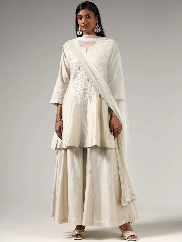 Vark Grey Floral Embroidered Kurta, Palazzos and Dupatta Set