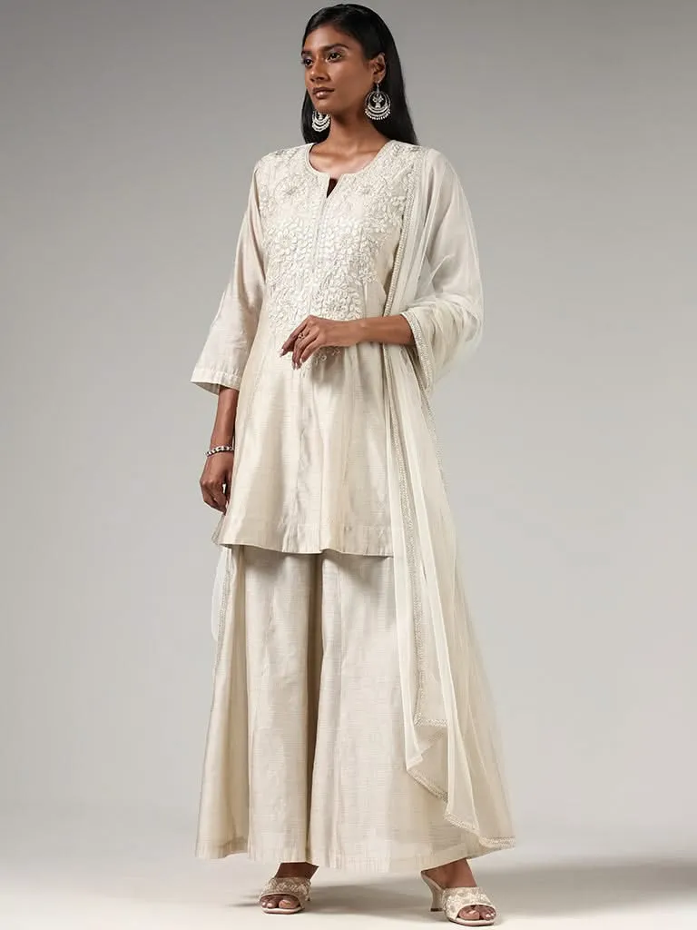 Vark Grey Floral Embroidered Kurta, Palazzos and Dupatta Set