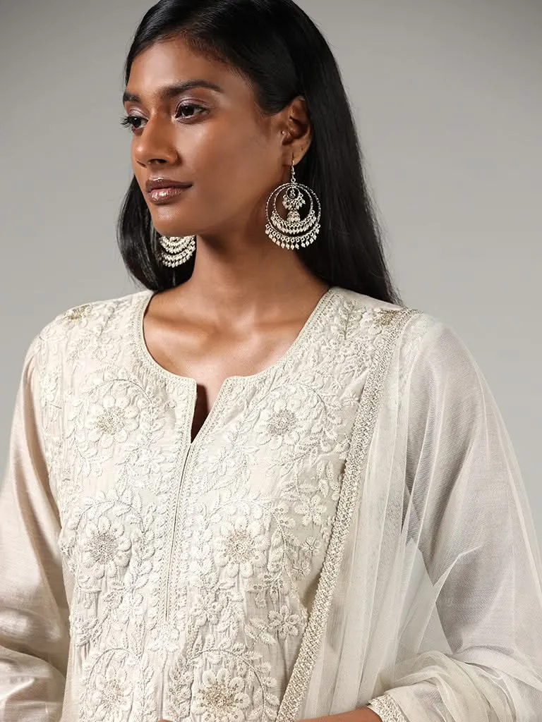 Vark Grey Floral Embroidered Kurta, Palazzos and Dupatta Set