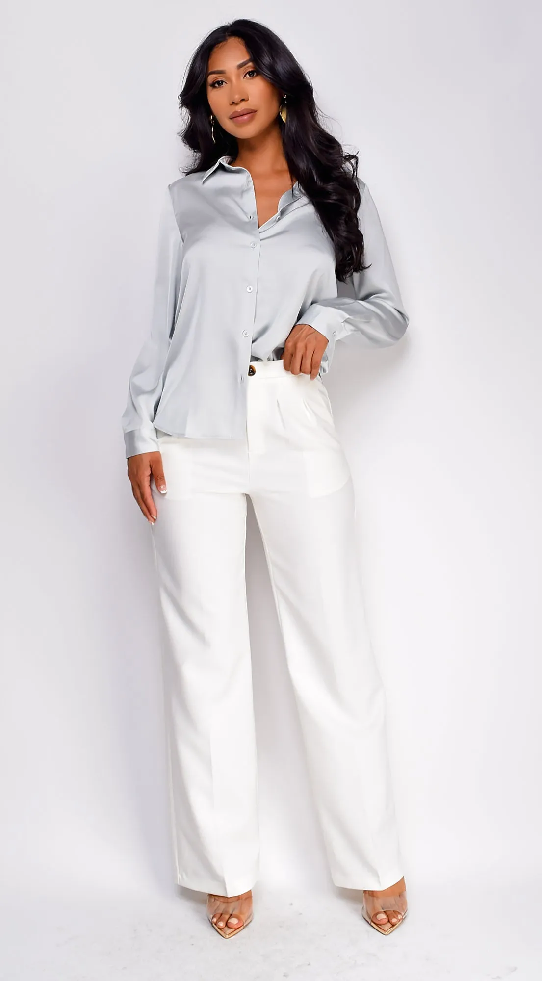 Viv Satin Button Down Classic Shirt - Blue