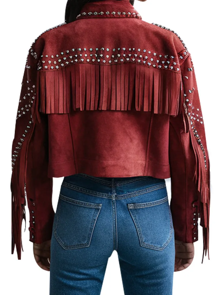 Women's Red Suede Studded Fringe Jacket