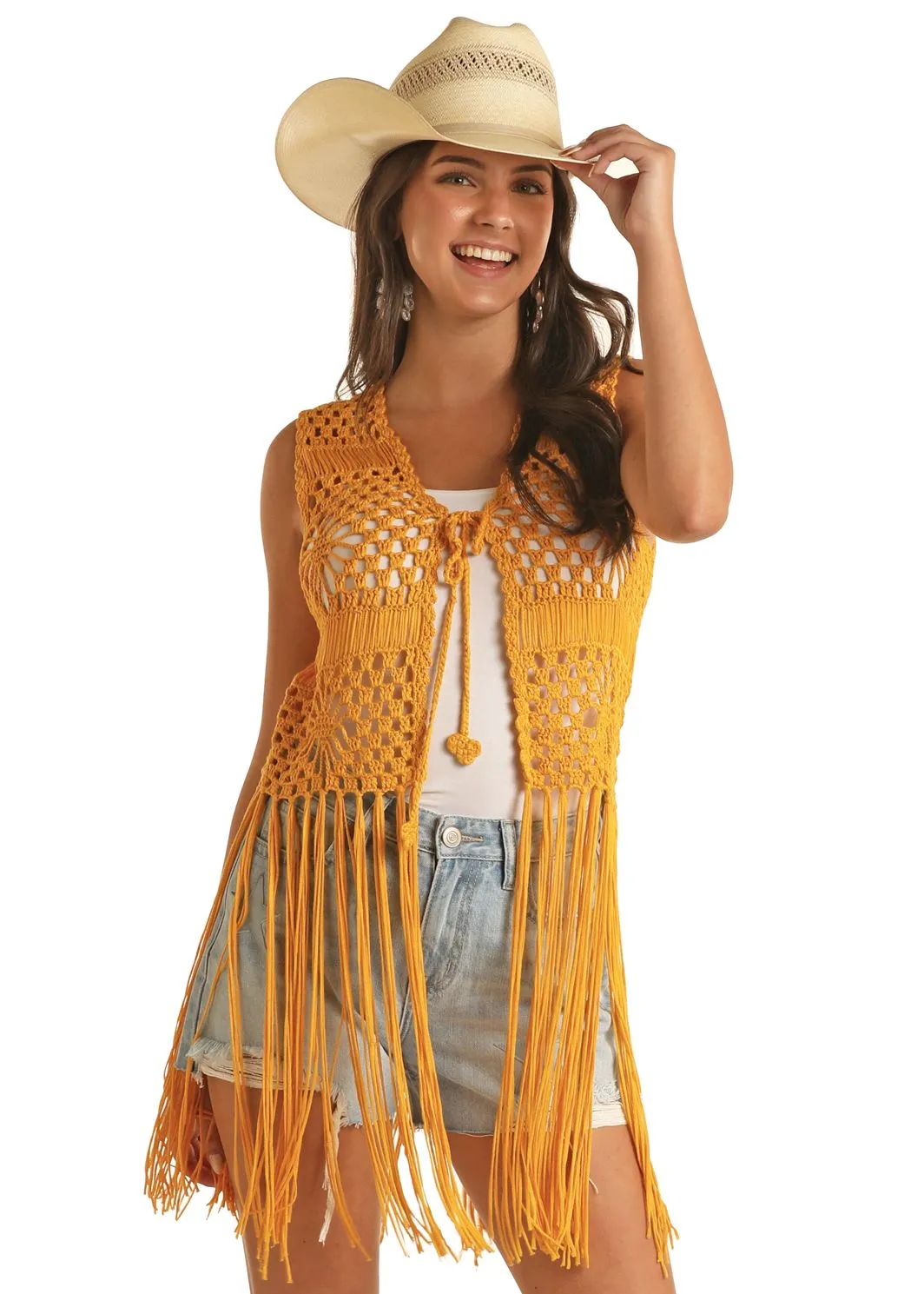 Women's Rock & Roll Gold Crochet Vest w/ Fringe