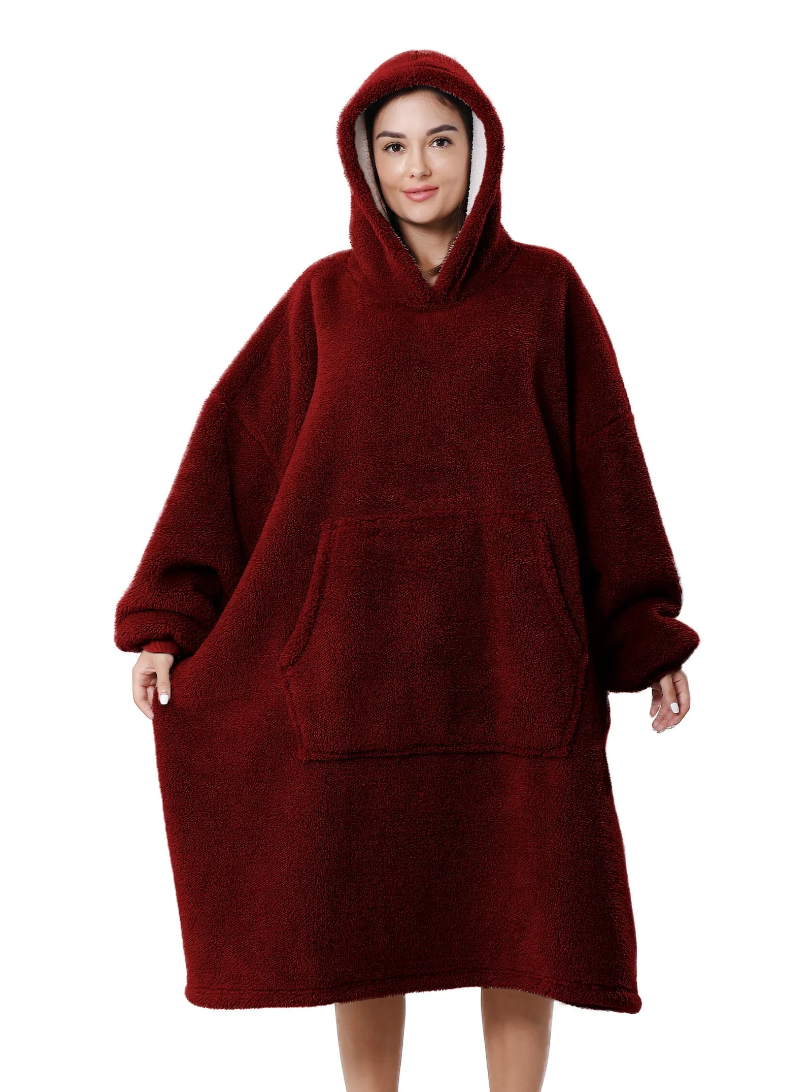 ZFSOCK Wearable Blanket, Oversized Sherpa Blanket Hoodie with Giant Pocket and Sleeve for Adults Women Men, Soft Comfy Warm Fleece Sweatshirt Winter Gift (Burgundy)